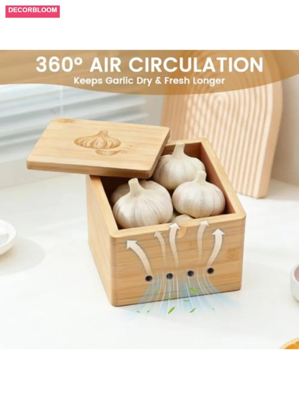 Bamboo Garlic Keeper Large Counter Storage with Lid